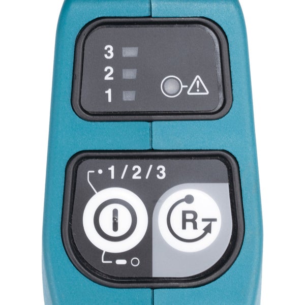 Detailansicht des Bedienfeldes eines Elektrowerkzeugs mit drei Geschwindigkeitsstufen, Warnanzeige und Tasten für Moduswahl und Drehrichtung.