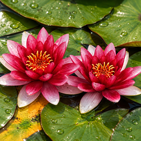 Zwei rosa Seerosen auf einem Teich mit schwimmenden Seerosenblättern mit Wassertropfen.