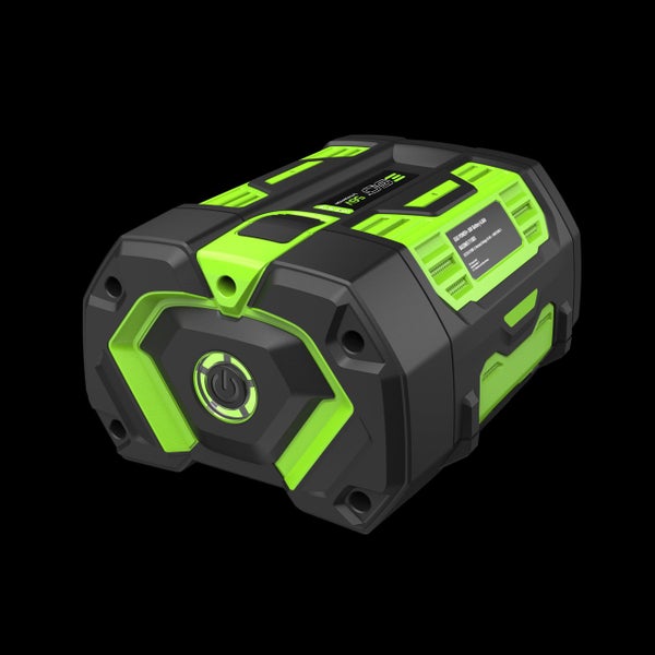 EGO Power plus 56 Volt 6,0 Amperestunden Lithium-Ionen-Akku mit Ladestandsanzeige in Schwarz und Grün.