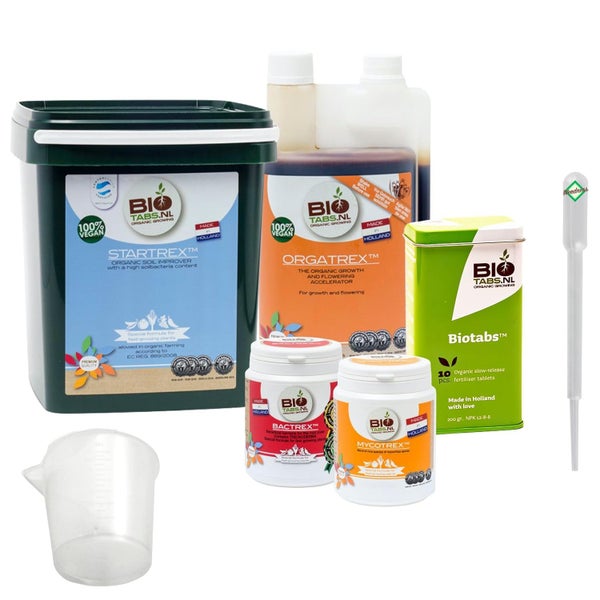 BioTabs Starterset für biologischen Anbau mit Startrex, Orgatrex, Mycotrex, Bactrex, Düngetabletten, Messbecher und Pipette.