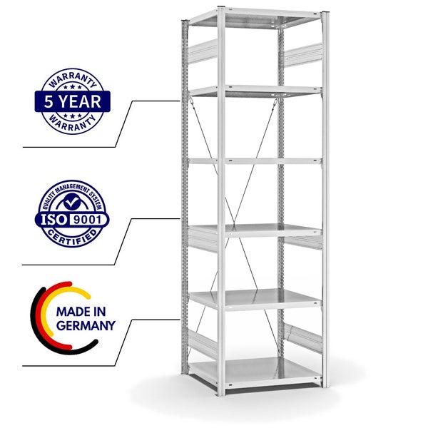 PROREGAL Fachbodenregal Stecksystem T-Profil Medium-Duty Grundregal HxBxT 250 x 75 x 60 cm 6 Ebenen Fachlast 240 kg Einseitig Nutzbar Lichtgrau