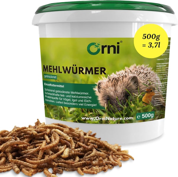 Eimer mit getrockneten Mehlwürmern als Futter für Vögel, Igel und Eichhörnchen, Marke Orni.