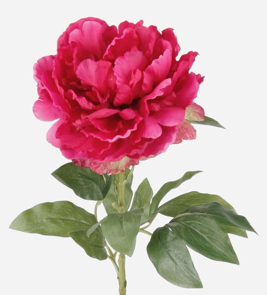 Künstliche Pfingstrose mit pinker Blüte, grünem Stiel und Blättern