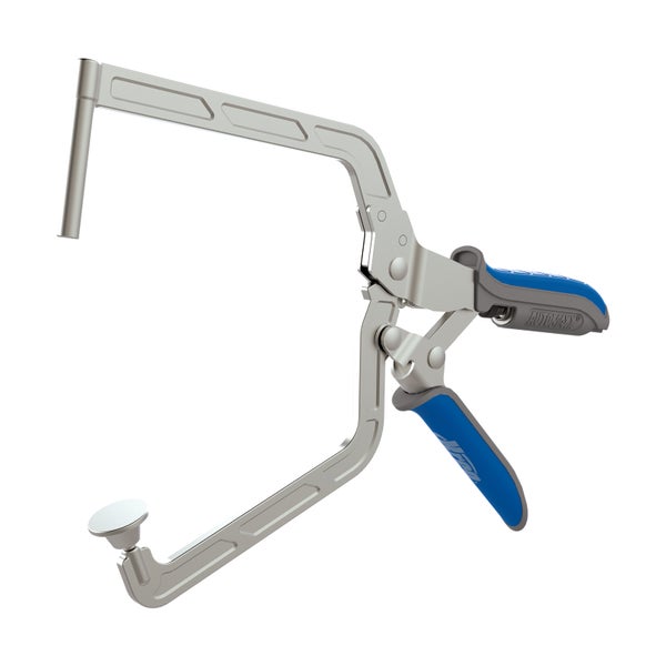 Kreg Automaxx Face Clamp Zwinge aus Metall mit blau-grauen Griffen.