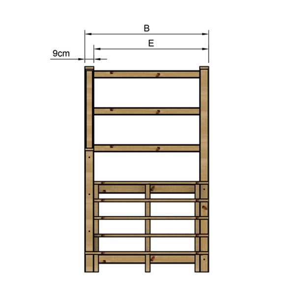 Technische Zeichnung eines Holzregals mit Maßangaben