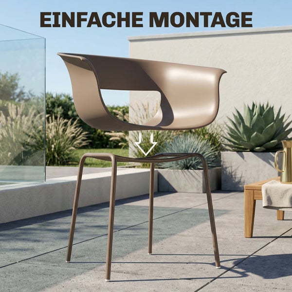 Einfache Montage eines Gartenstuhls durch Aufsetzen der Sitzschale auf das Metallgestell in einem modernen Außenbereich.