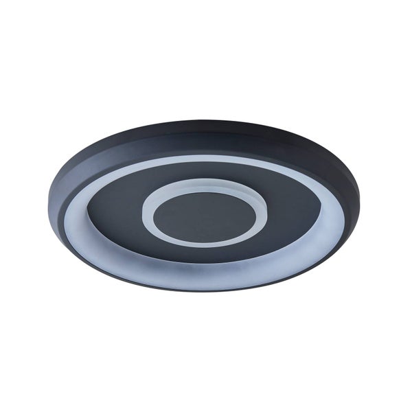 Moderne runde Deckenleuchte mit anthrazitfarbenem Metallrahmen und weißem Lichtring, montiert an der Decke in einem hellen Raum.
