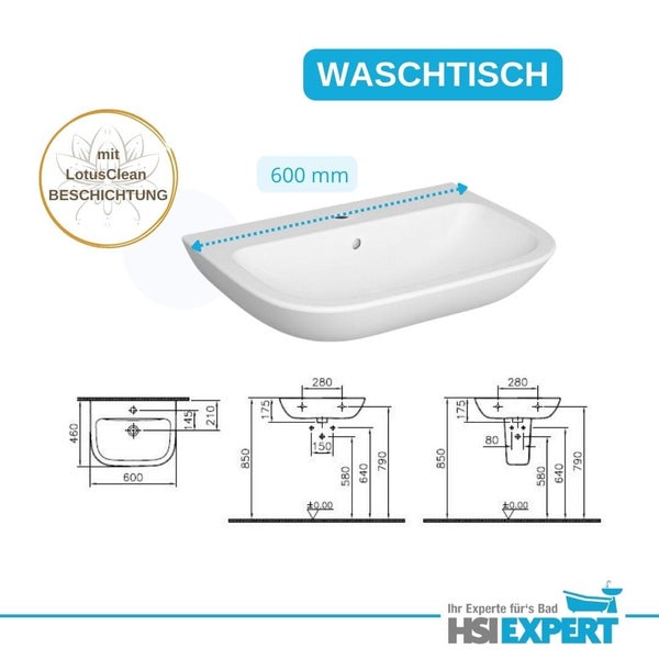 Waschtisch mit LotusClean Beschichtung und Maßangaben