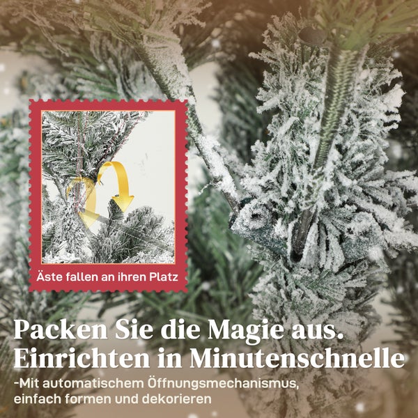 Künstlicher Weihnachtsbaum mit verschneiten Zweigen und automatischem Öffnungsmechanismus für einen schnellen Aufbau.
