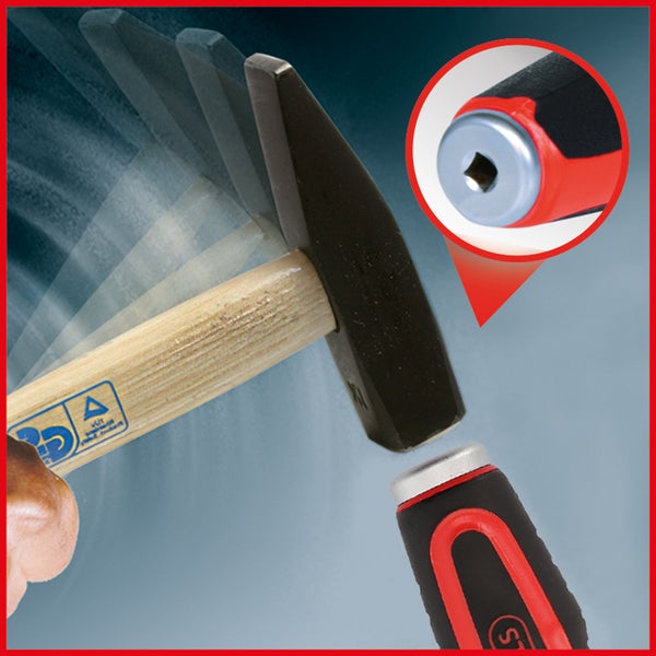 Hammer mit Holzgriff und Schlagkopf mit Aufnahme für Bits