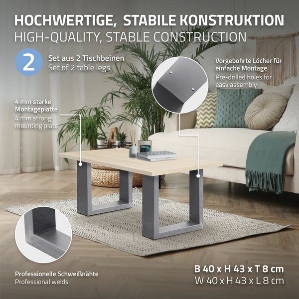 ECD Germany 2er Set Tischbeine 40x43 cm, Grau, Stahl pulverbeschichtet, Industriedesign, Vierkantprofil, Metall Tischkufen, Tischuntergestell Tischgestell Möbelfüße Bankkufen Bankgestell Bankbeine