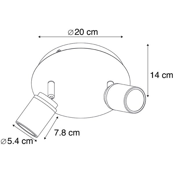 Technische Zeichnung einer Deckenleuchte mit zwei Strahlern und Maßangaben