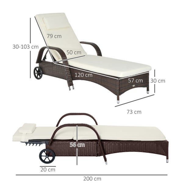 Gartenliege aus Polyrattan mit Rollen und Polsterauflage, Maße in Zentimeter angegeben.
