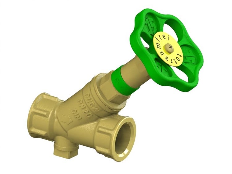 Schrägsitzventil aus Messing, Nennweite 20, mit grünem Handrad.
