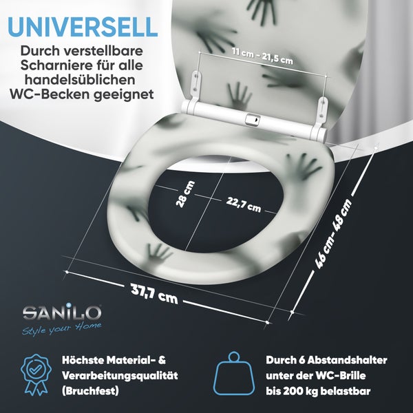 Sanilo WC Sitz mit Motiv und verstellbaren Scharnieren für handelsübliche WC Becken mit Maßangaben und Belastbarkeit bis 200 Kilogramm.