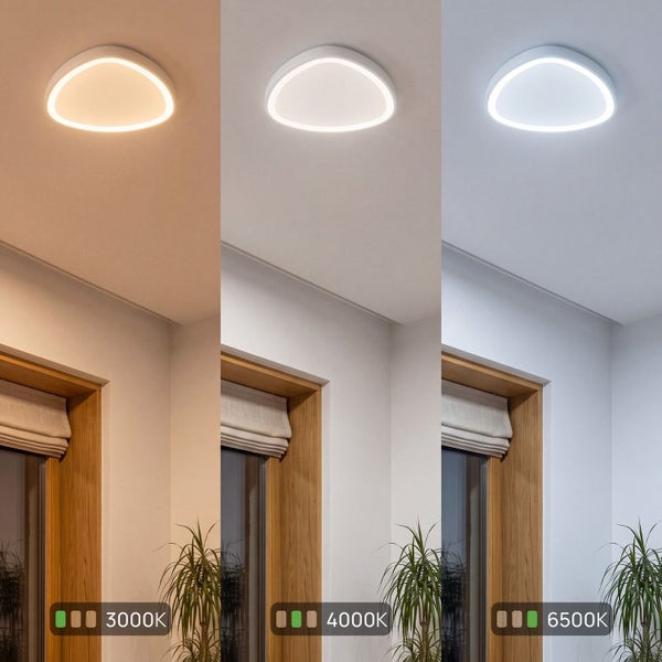 Moderne Deckenleuchte mit abgerundeten Ecken in einem hellen Raum, dargestellt in drei Farbtemperaturen: 3000 Kelvin, 4000 Kelvin und 6500 Kelvin.