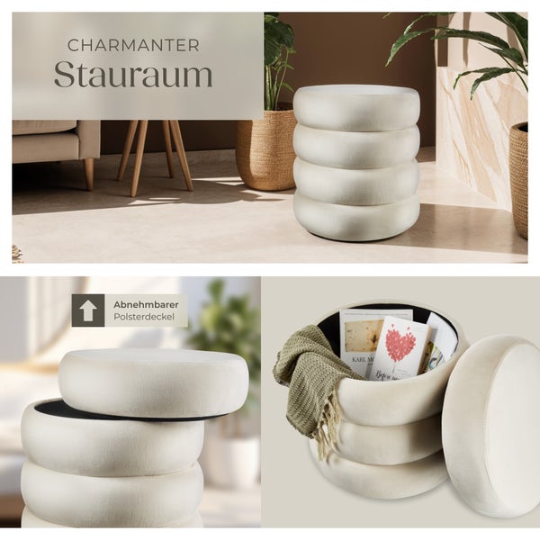 Sitzhocker mit Stauraum tectake Altu 42 x 42 x 47 cm rund Samtoptik creme-weiß