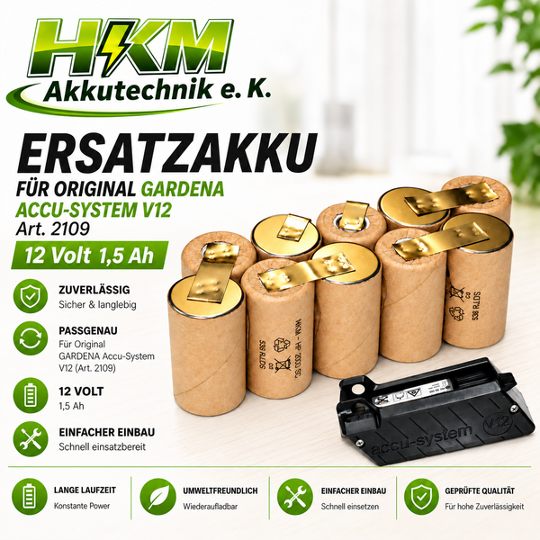 Ersatzakku fuer Gardena Accu System V12, 12 Volt 1,5 Amperestunden, passgenauer Akkublock mit Gehaeuse fuer Gartengeraete.