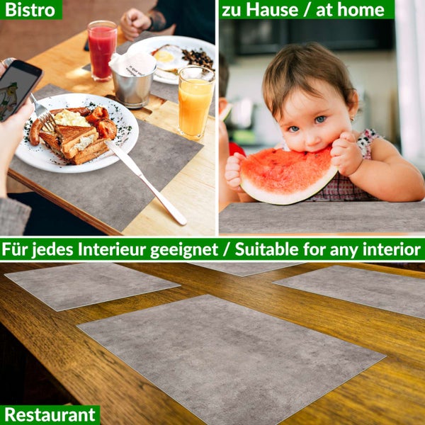 Platzsets in Betonoptik auf einem Holztisch in verschiedenen Umgebungen wie Bistro, Zuhause und Restaurant.