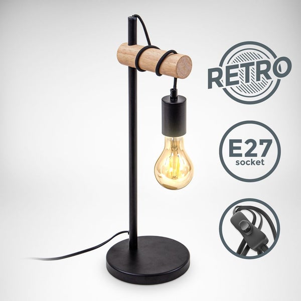 Nachttischlampe - mit Schalter, retro, max. 10W, 1-flammig, E27 Fassung, schwarz-holz