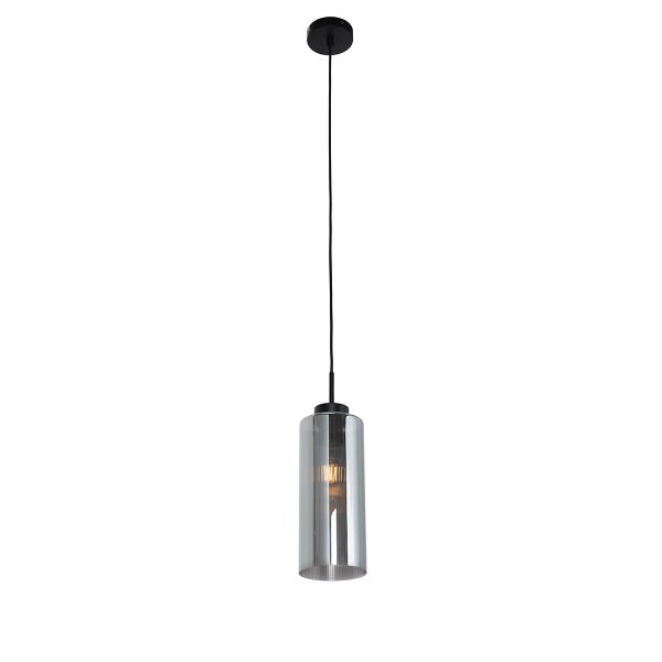Pendelleuchte mit zylindrischem geriffeltem Glasschirm in Rauchglas-Optik und schwarzer Aufhängung.