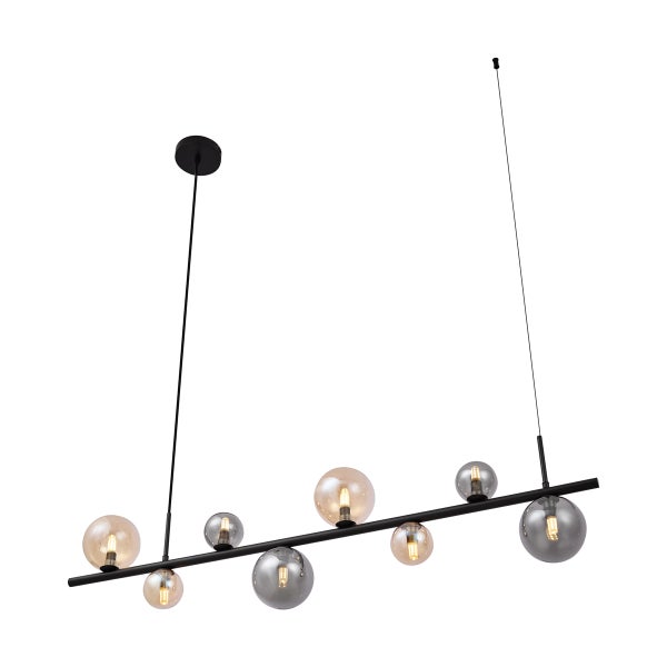 Pendelleuchte mit mehreren Glaskugeln an einer horizontalen Stange