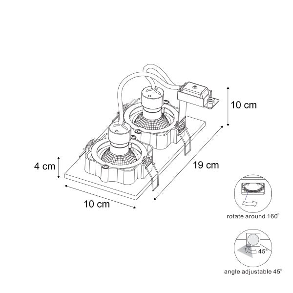 Technische Zeichnung eines Deckenspots mit zwei Leuchten, Drehbereich 160 Grad, justierbarer Winkel 45 Grad, Abmessungen 10 x 19 x 4 cm