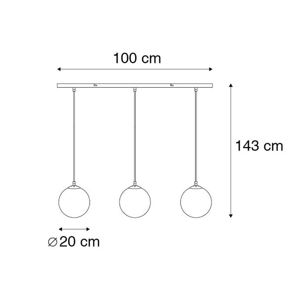 Technische Zeichnung einer Hängeleuchte mit drei Lampen, 100 x 143 Zentimeter