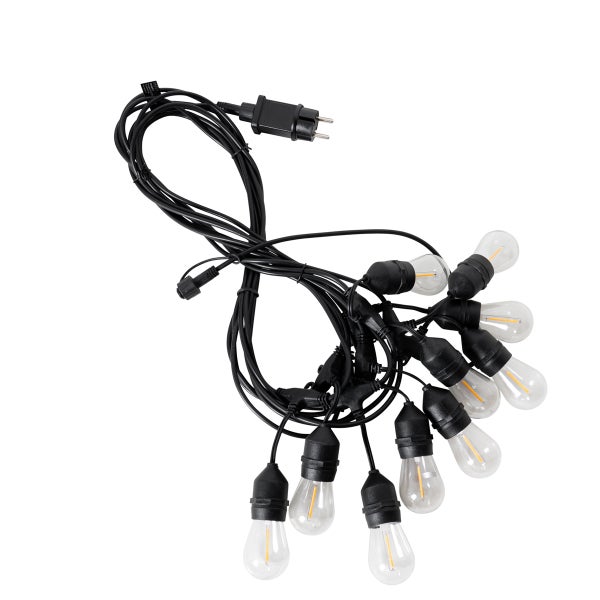 LED-Lichterkette mit klaren Filament-Glühbirnen und schwarzem Kabel für den Außenbereich.
