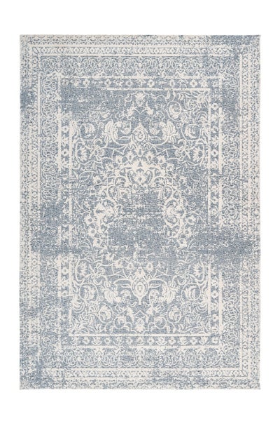 Rechteckiger Teppich in Blau und Creme mit ornamentalem orientalischem Muster im Vintage-Stil.