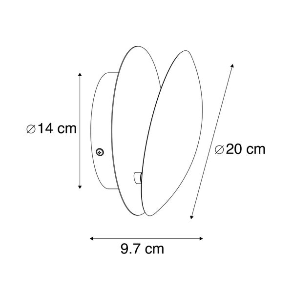 Technische Zeichnung einer Wandleuchte mit den Maßen 14 Zentimeter Durchmesser, 20 Zentimeter Höhe und 9,7 Zentimeter Tiefe.
