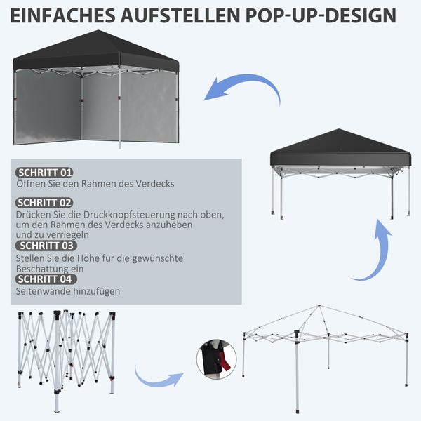 Outsunny Faltpavillon 2,97 x 2,97 m, Pavillon mit Seitenwänden, Campingzelt mit UV-Schutz, Partyzelt mit Sandsack, Gartenpavillon, Pop-Up-Zelt für Terrasse, Stahl, Schwarz