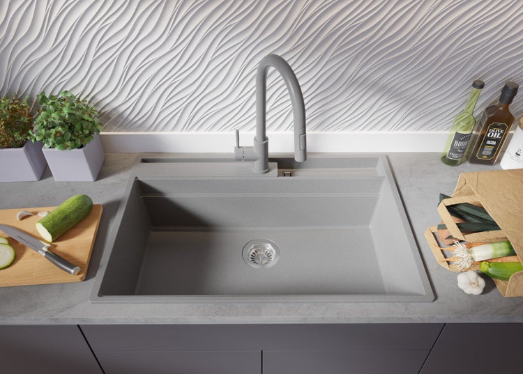 PRIMAGRAN Spülbecken Grau 78x53cm, Granitspüle 1 Becken + Ablauf-Set + Küchenzubehörset, Küchenspüle ab 80er Unterschrank - Oslo Pocket