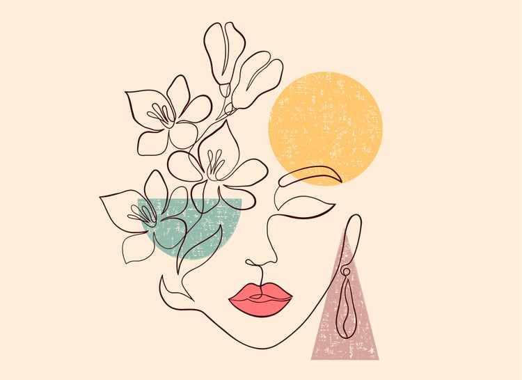Abstrakte Line-Art einer Frau mit floralen Elementen und geometrischen Formen, minimalistisches Wandbild-Motiv.