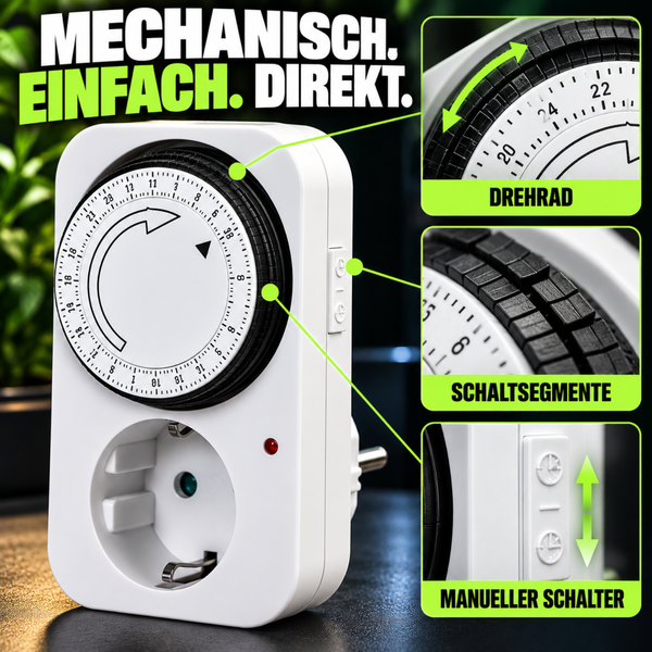 Mechanische Zeitschaltuhr für die Steckdose mit Drehrad, Schaltsegmenten und manuellem Schalter zur einfachen Zeitsteuerung von Geräten.