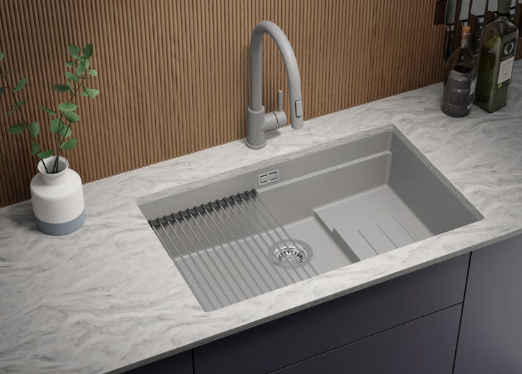PRIMAGRAN Unterbauspüle Granit Grau 76x47cm, Spülbecken 1 Becken + Ablauf-Set + Aufrollbare Abtropffläche, Granitspüle ab 80er Unterschrank - Praga