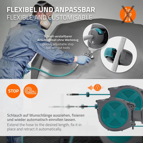 Druckluftschlauch Aufroller mit werkzeuglos verstellbarem Anschlagsball, Schlauch arretierbar und automatisch aufrollbar zur Wandmontage.