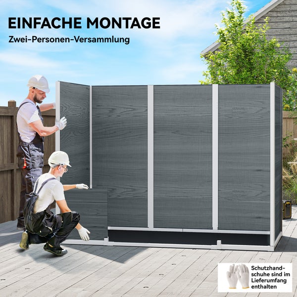 Zwei Personen montieren eine graue WPC-Sichtschutzwand auf einer Terrasse. Einfache Montage durch zwei Personen.