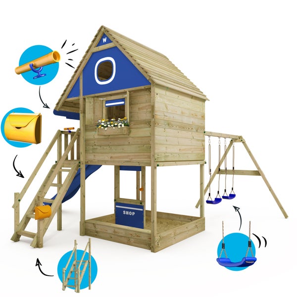 WICKEY Stelzenhaus Smart RiverHouse mit Schaukel und Rutsche,integriertem Sandkasten und großem Spielhaus mit massiver Treppe mit Handlauf, Fenstern, Rollos und Blumenkasten -  blau