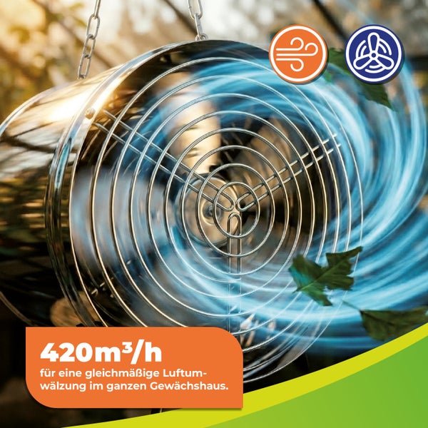Hängender Gewächshausventilator aus Metall mit einer Luftumwälzung von 420 Kubikmetern pro Stunde für gleichmäßige Luftbewegung.