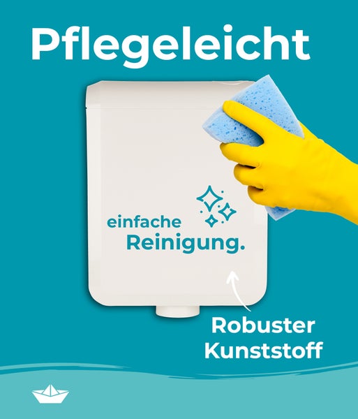 Ein Spülkasten aus robustem Kunststoff wird mit einem Schwamm gereinigt. Die Grafik verdeutlicht die einfache Reinigung des Produkts.