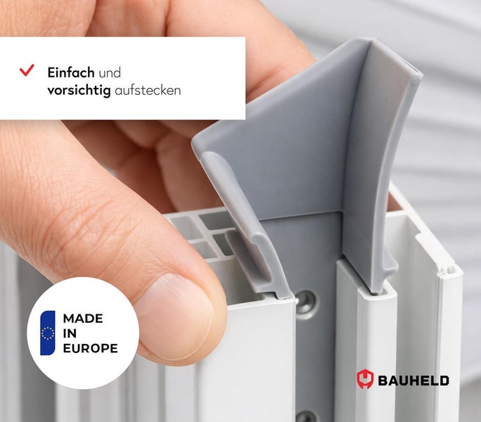 Hand befestigt Kunststoffprofil an einem Fensterrahmen; Made in Europe Siegel; Bauheld Logo
