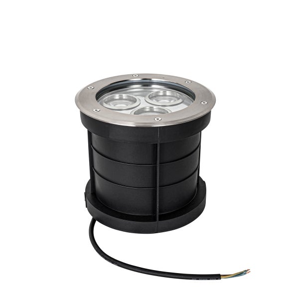 Bodenstrahler mit Edelstahlring, drei LEDs, schwarzes Gehäuse und Anschlusskabel.