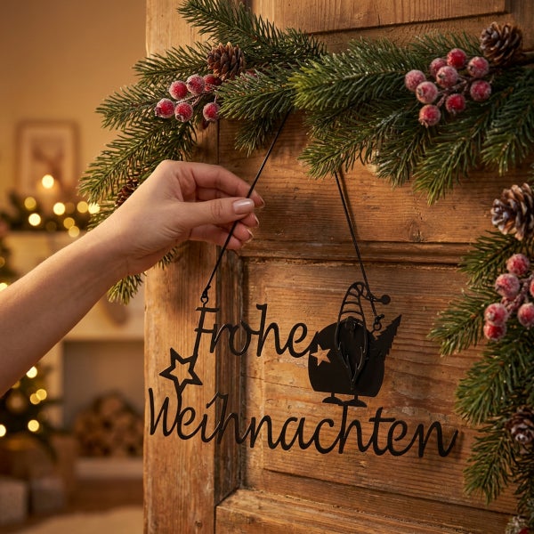 Eine Hand hält ein hängendes Metallschild mit der Aufschrift Frohe Weihnachten und einem Wichtelmotiv vor einer weihnachtlich dekorierten Holztür.