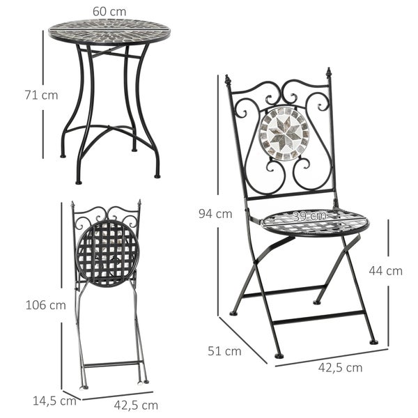 Bistrotisch und Klappstuhl aus Metall mit Mosaik. Tisch: Höhe 71 Zentimeter, Durchmesser 60 Zentimeter. Stuhl: Sitzhöhe 44 Zentimeter.