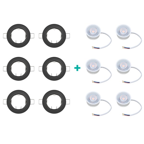 Oktaplex Lighting 6er Set LED Einbaustrahler Sedan - mit LED Modul 4,8W 3000K 230V 380lm Warmweiß 110° - Spot Schwarz Lochmaß 60mm