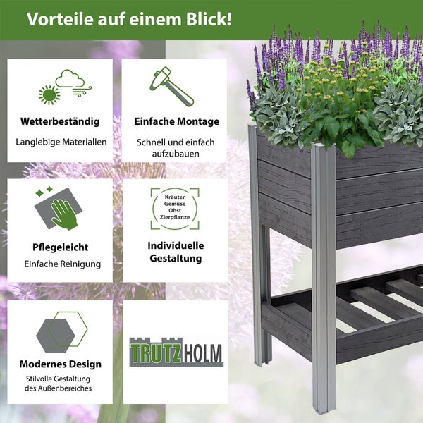 Hochbeet mit Pflanzen und Produktvorteilen im Überblick