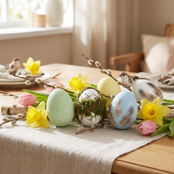Osterdekoration mit bemalten Eiern, Federn, Moos, gelben Narzissen, rosa Tulpen und Weidenkätzchenzweigen auf einem rustikalen Holztisch.