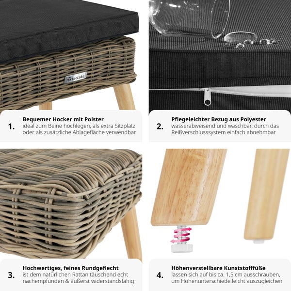 Rattan-Fußbank tectake Vibo 54,5 x 44,5 x 46,5 cm natürlich nachempfundenes Geflecht mit Aluminiumgestell natur