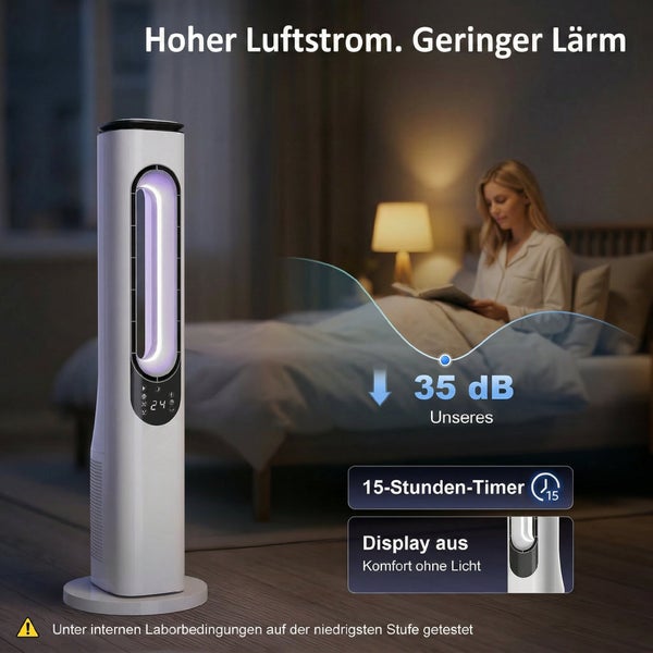 Rotorloser Turmventilator im Schlafzimmer mit 35 Dezibel Geräuschpegel, 15 Stunden Timer und Display-aus-Funktion für ruhigen Betrieb.